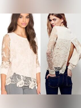 NWT Free People Pretty Rad Peachy Cream Crochet Long Sleeve Knit Top W Open Back